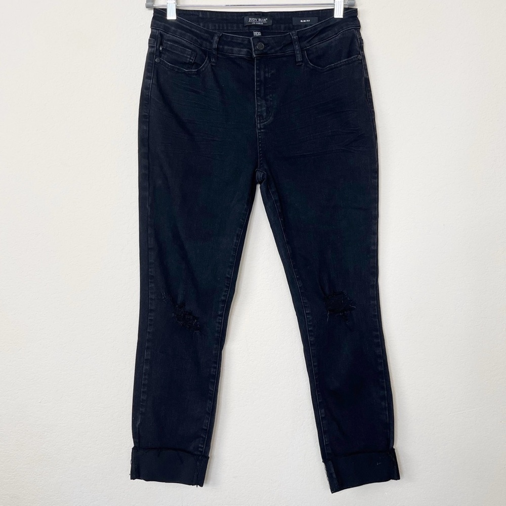 Judy‎ Blue Slim Fit Black Wash Destroyed Knee Jeans